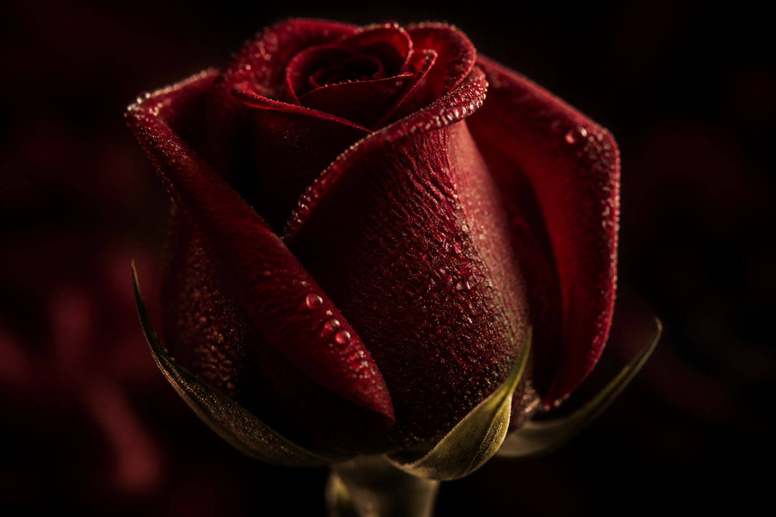 A closed rose bud in dark studio light