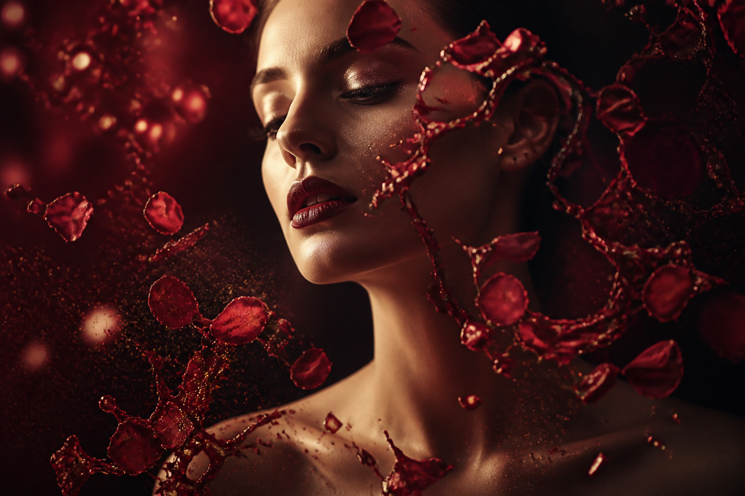 A woman held in a swirl of rose petals and pigment