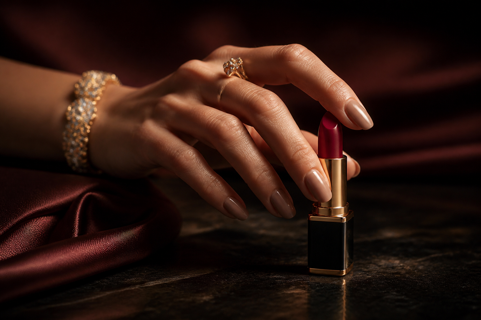 A hand lifting the lipstick